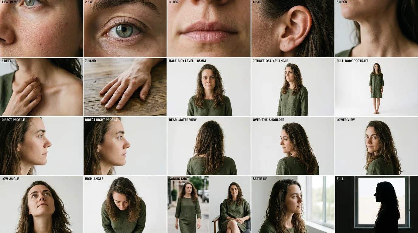Character sheet of a woman with wavy brown hair in a green dress: macro eye, lips, ear and hand, profiles, back view, low and high angles, full body and a window silhouette.