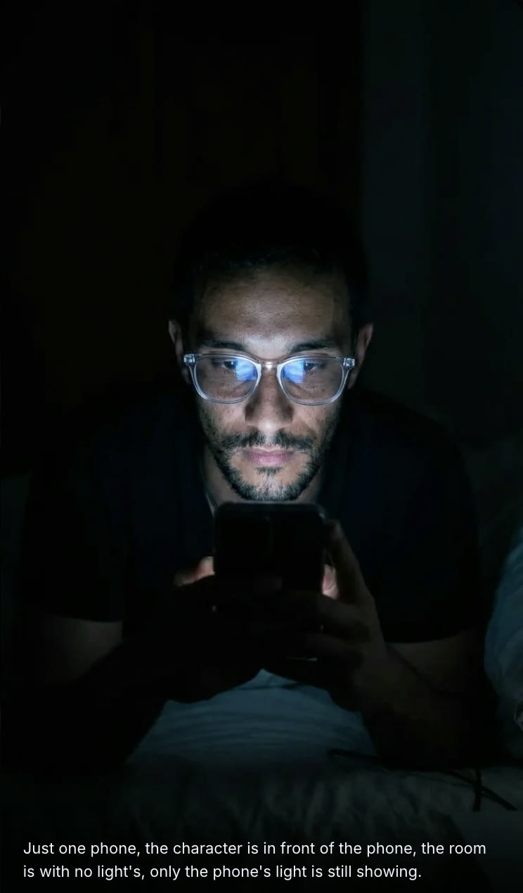 Klingobanana gallery view: the man in a black room, face lit only by one phone, with the final prompt.