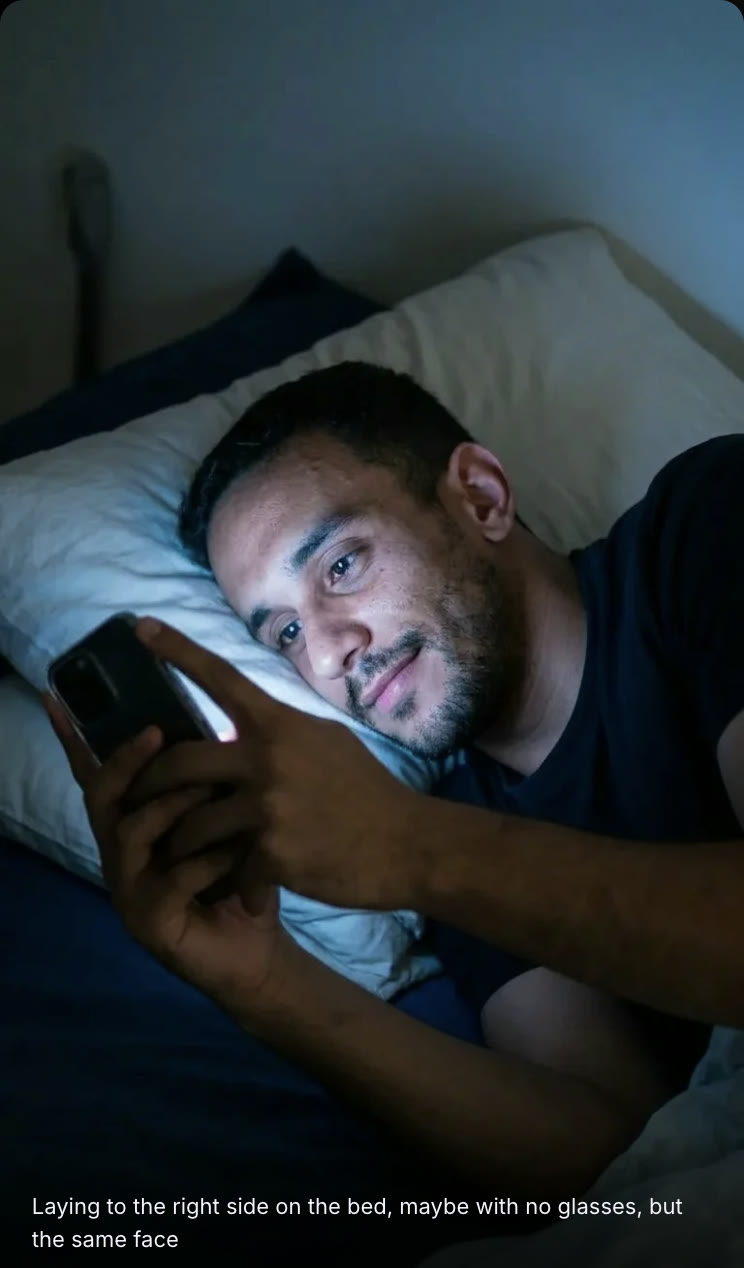 Klingobanana gallery view: a man lying in bed lit by his phone, smiling, with the prompt for take 1.