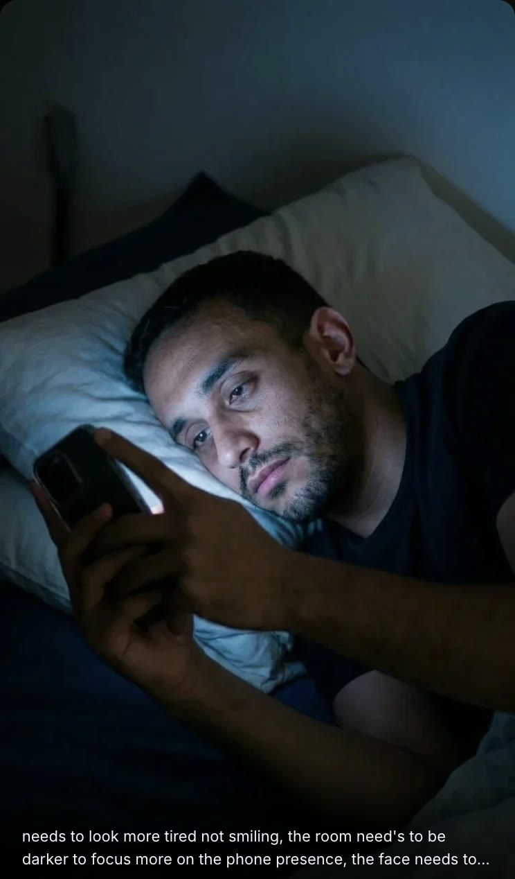 Klingobanana gallery view: the same man in bed, more tired, darker room, with the correction prompt.