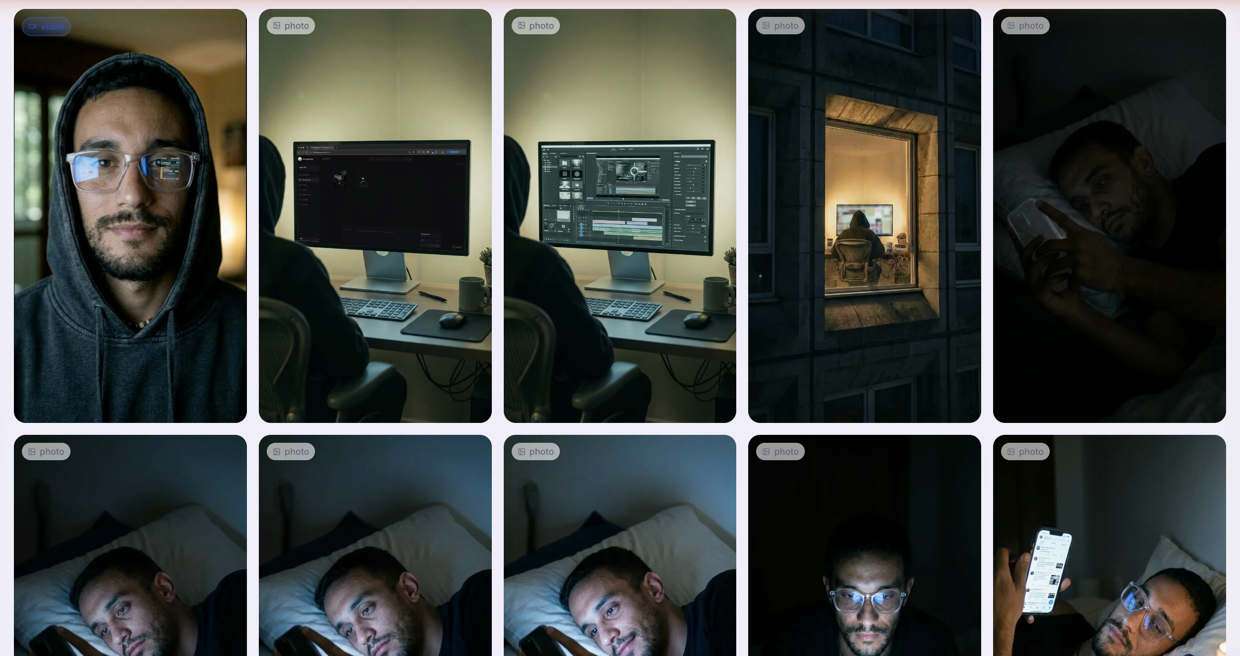 Klingobanana gallery grid showing hooded close-ups, desk shots, a lit window and several takes of a man on his phone in bed.