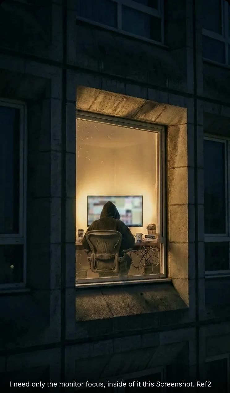 Klingobanana gallery view: the same lit window, a hooded figure facing a monitor, with the prompt asking to focus on the monitor.