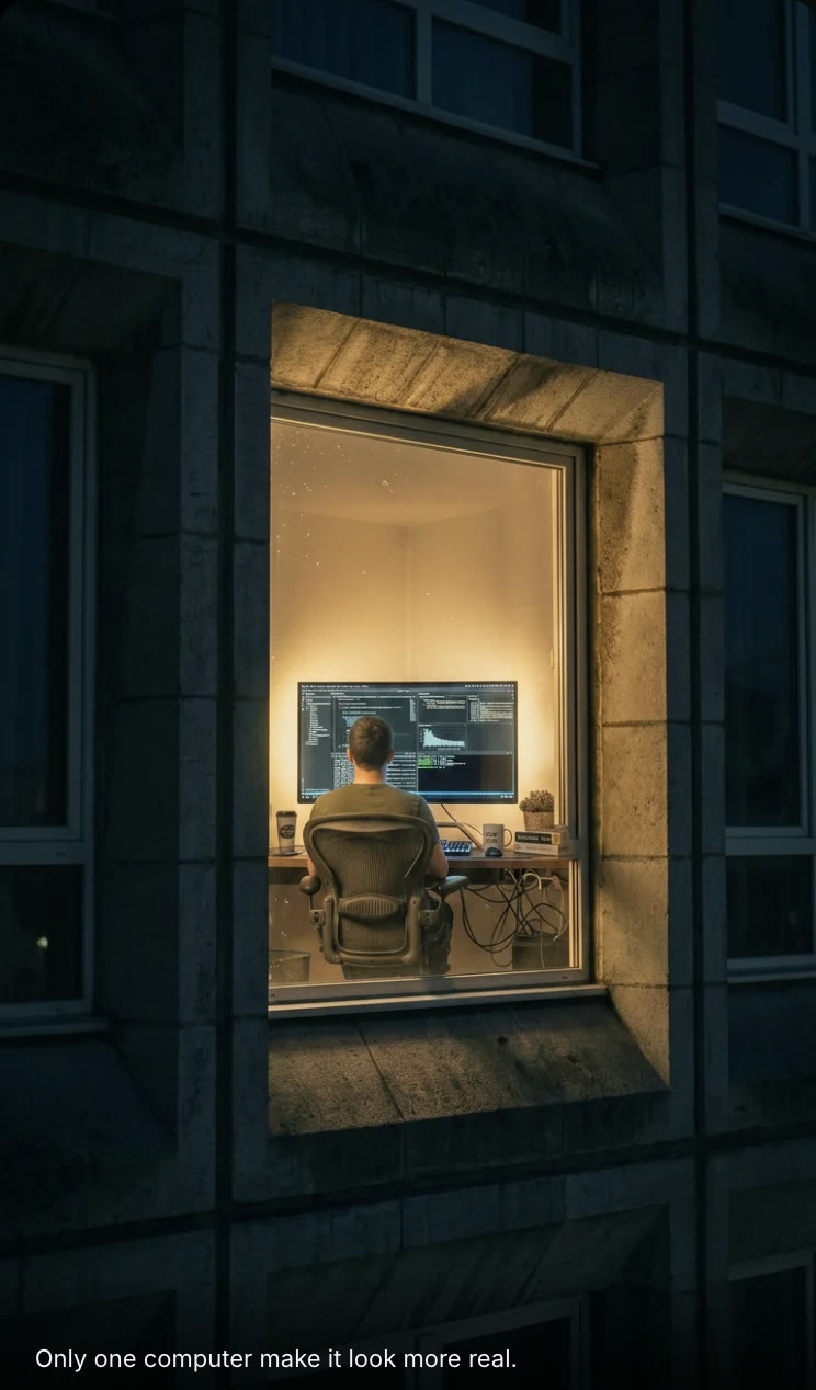 Klingobanana gallery view: a lit window in a concrete building, a man at a single computer, with the prompt "Only one computer make it look more real."
