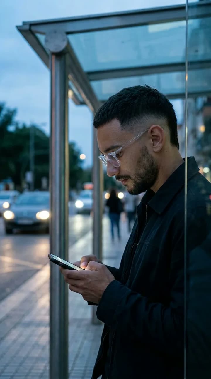 A man waiting at a bus stop.