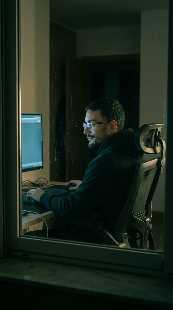 A man seen from behind at a desk, lit by a monitor and a lamp.